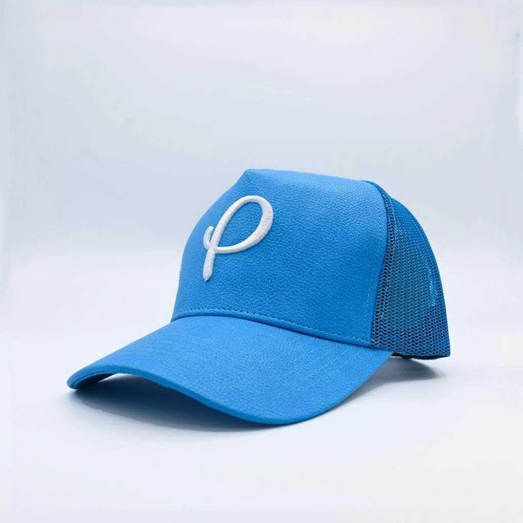 P Logo Leather Trucker Hat Cool Blue