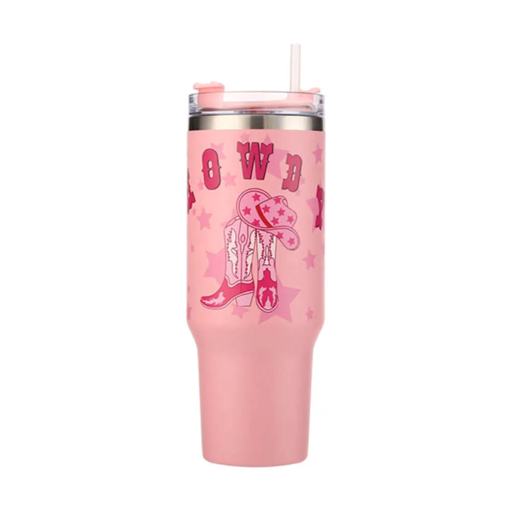 Pink Howdy Cowboy Boots Printed 40OZ Stainless Steel Tumbler With Handle