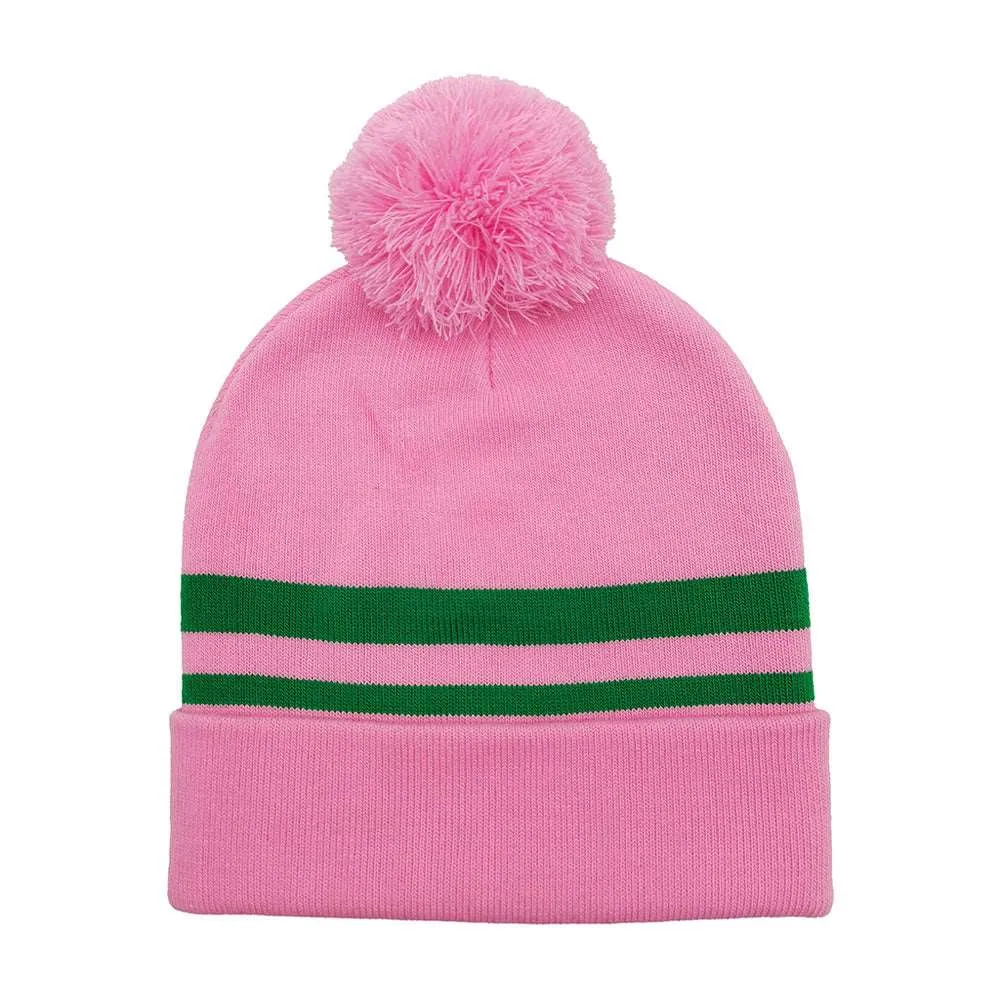 PINK Striped Knit Pom Pom Beanie Hat