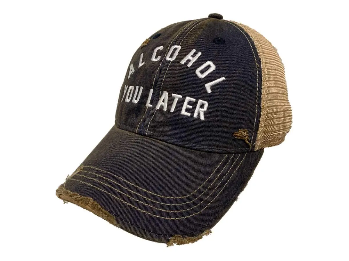 "Alcohol You Later" Retro Brand Denim Washed Distressed Mesh Snapback Hat Cap