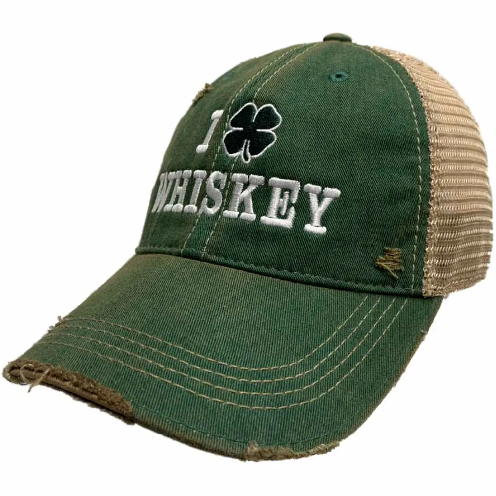 "I Love (Clover) Whiskey" Retro Brand Kelly Green Distressed Mesh Adj. Hat Cap