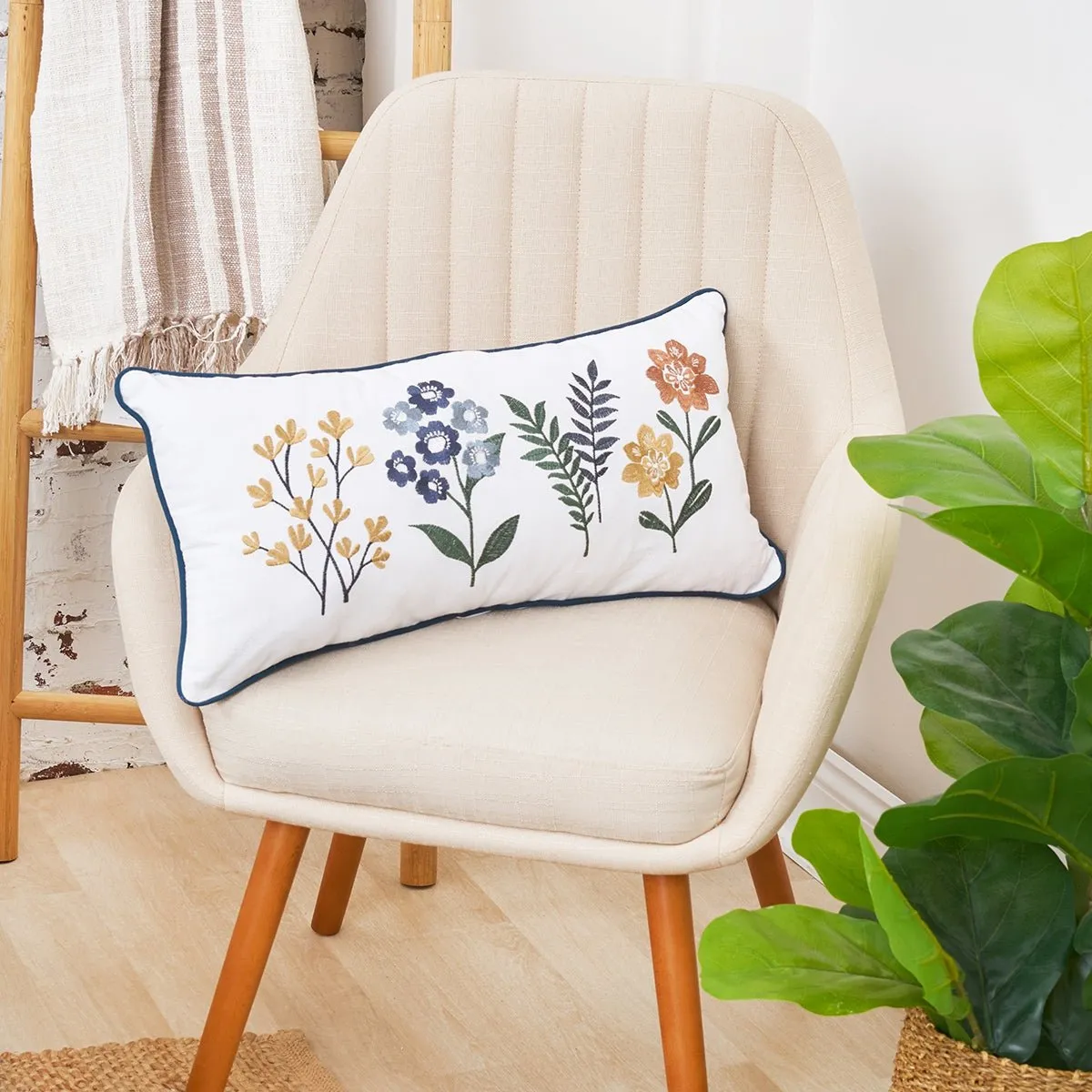 Retro Botanical Embroidered Pillow