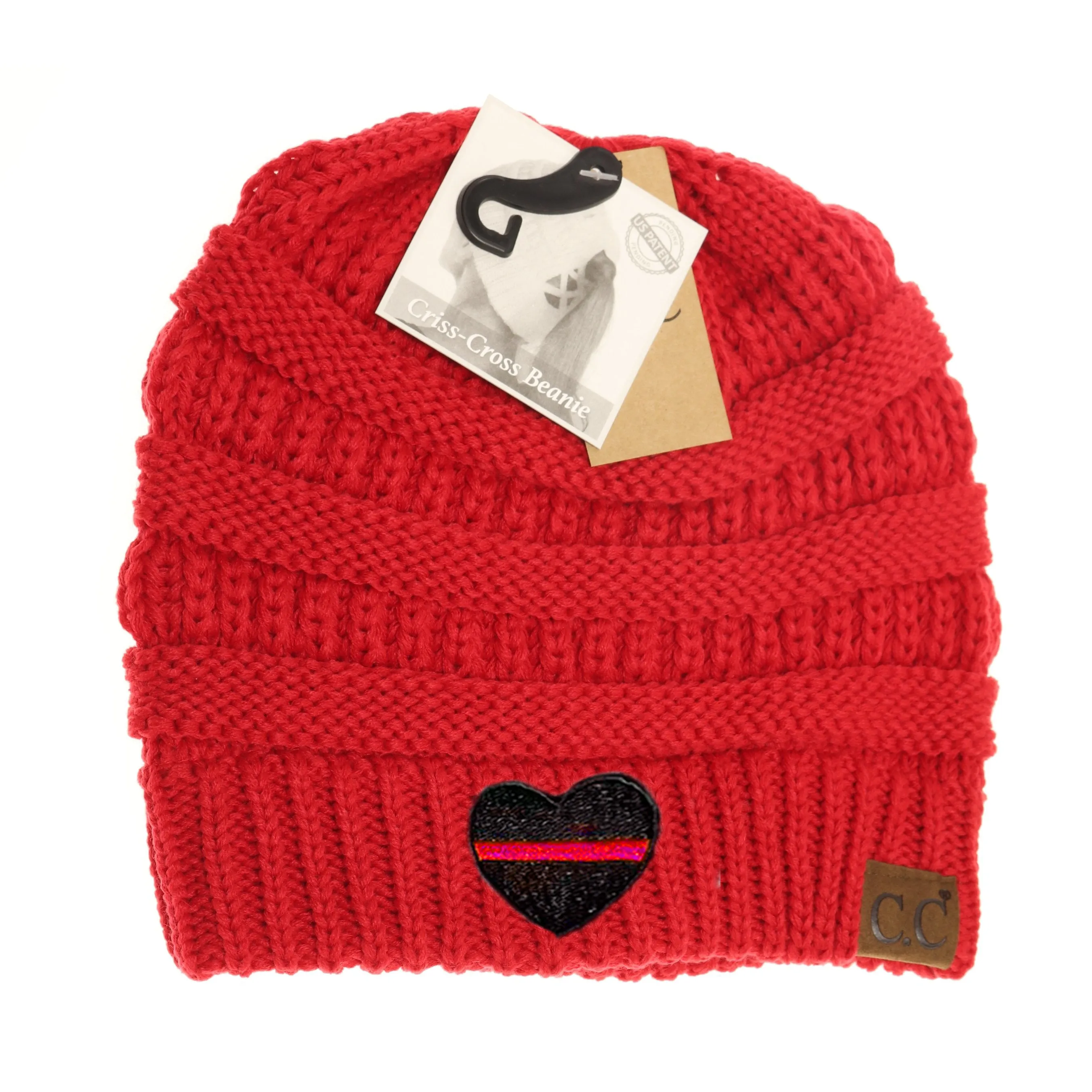 Thin Red Line Heart Criss-Cross Knit Beanie