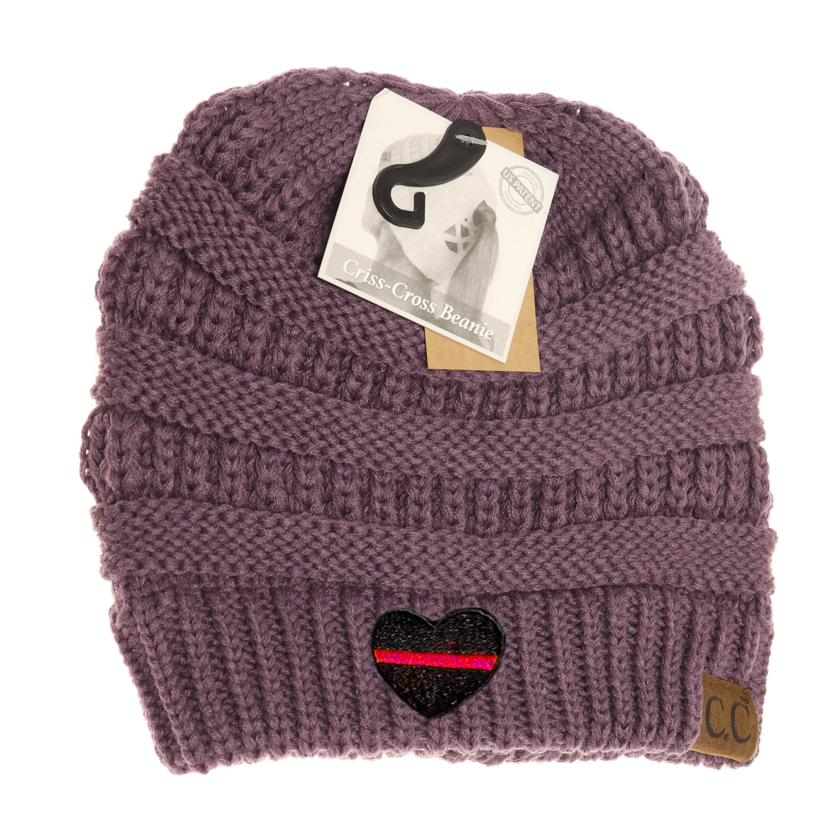 Thin Red Line Heart Criss-Cross Knit Beanie